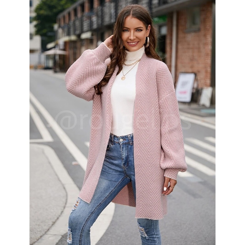 Knit Chevron Open Cardigan Bishop Sleeves Hip Length Pink & White - Picture 5 of 10